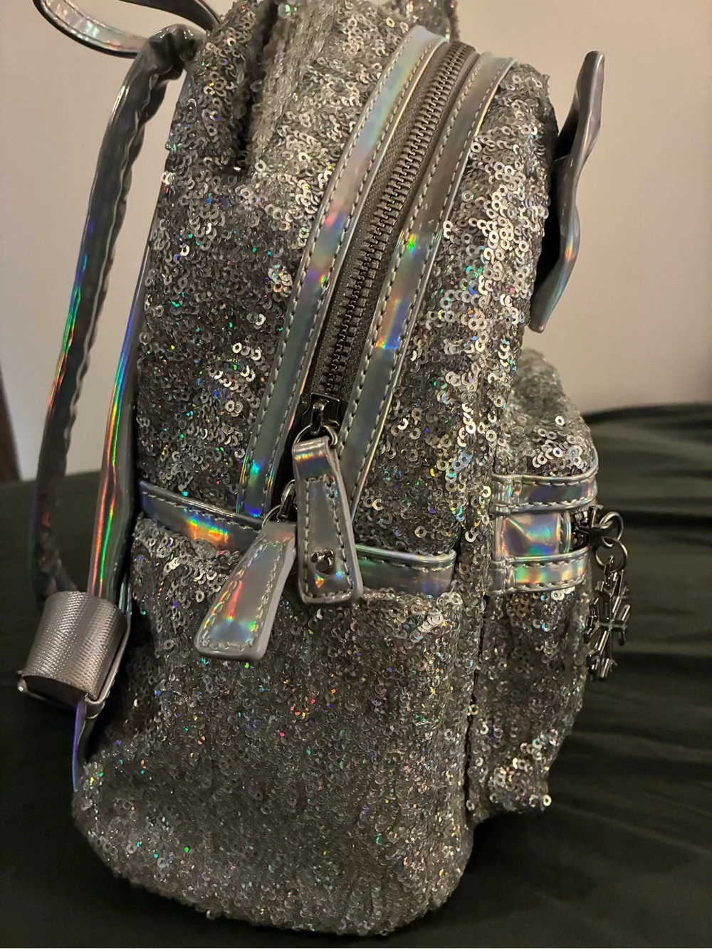 Disney Loungefly Silver Sequin Mini Backpack with Holographic Bow